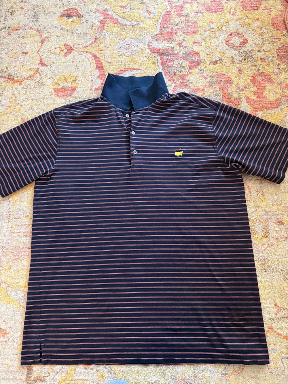 Amen Corner Men’s Striped Navy Polo with Contrast Collar and Masters Logo